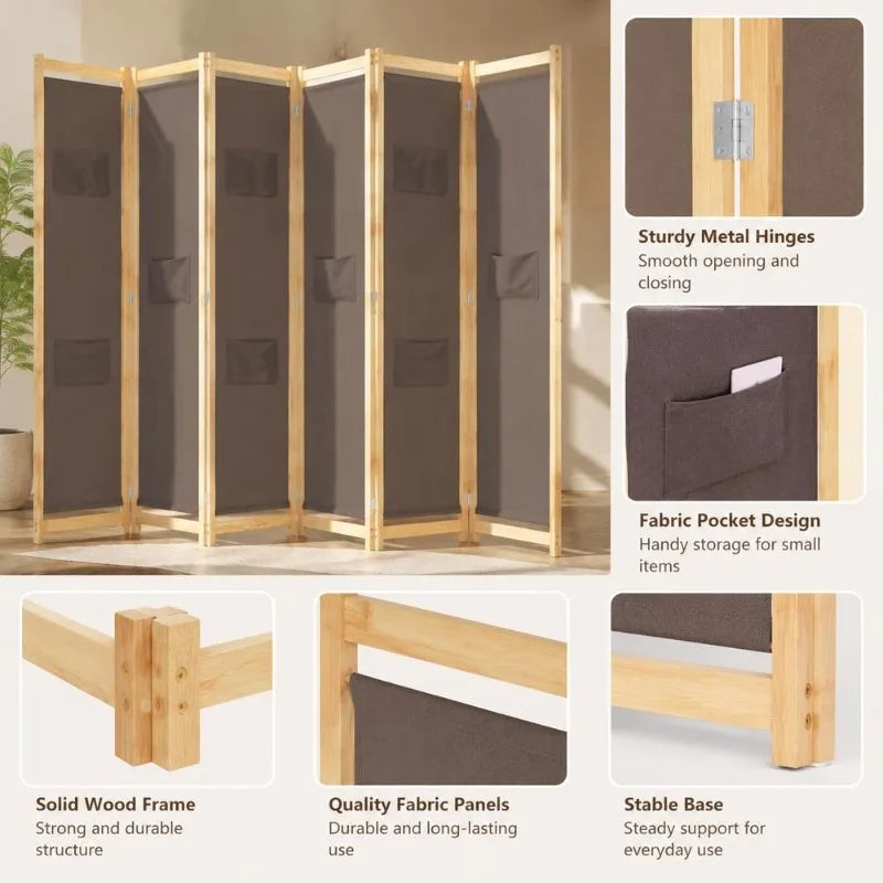 Paravent 6 Panneaux Bois et Tissu Marron 240 x 170 cm