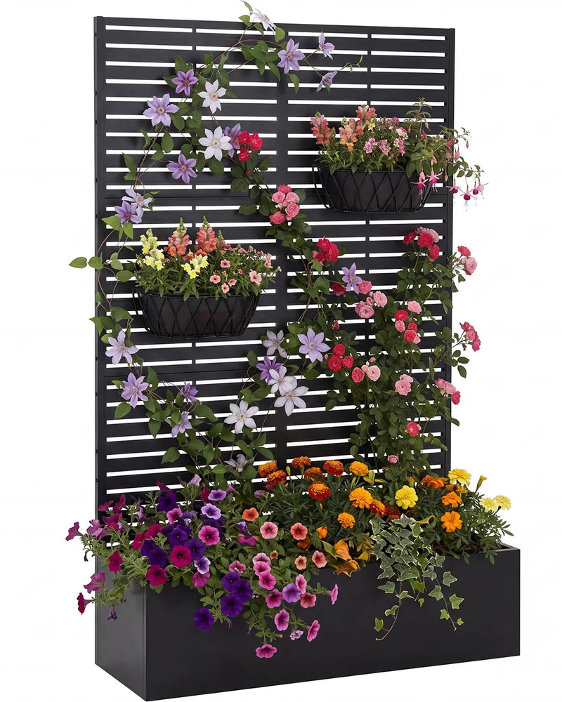 Paravent extérieur jardinière acier noir 4 motifs ajourés, motif lames horizontales
