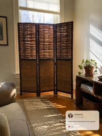 Paravent 3 panneaux bois paulownia et bambou tressé brun foncé, pour séparer une pièce, pour un salon