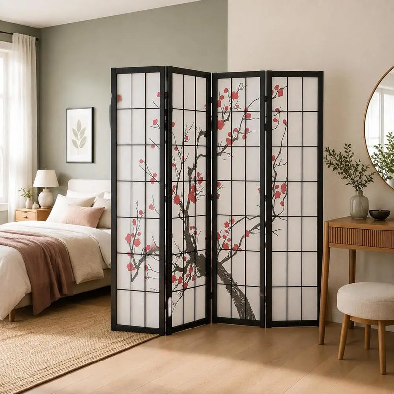 Paravent japonais fleurs de cerisier 4 panneaux cadre noir