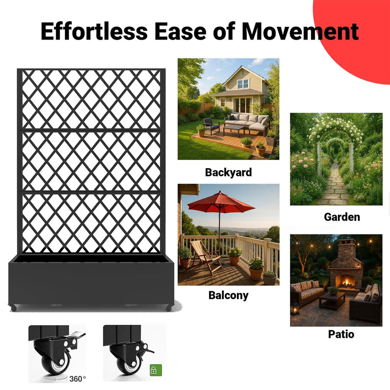 Paravent extérieur jardinière treillis losanges roulettes noir blanc, pour préserver son intimité dehors
