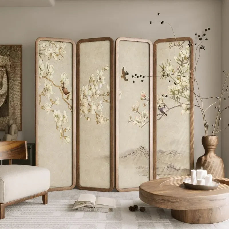 Paravent bois massif style song motif floral