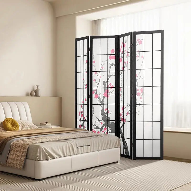 Paravent Japonais 4 Panneaux Fleurs de Cerisier Bois Noir 162 x 170 cm