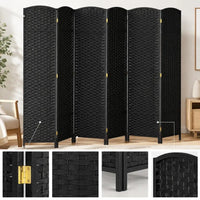 Paravent 6 Panneaux Tressé Polypropylène Noir Cadre Bois de Pin 240 x 170 cm