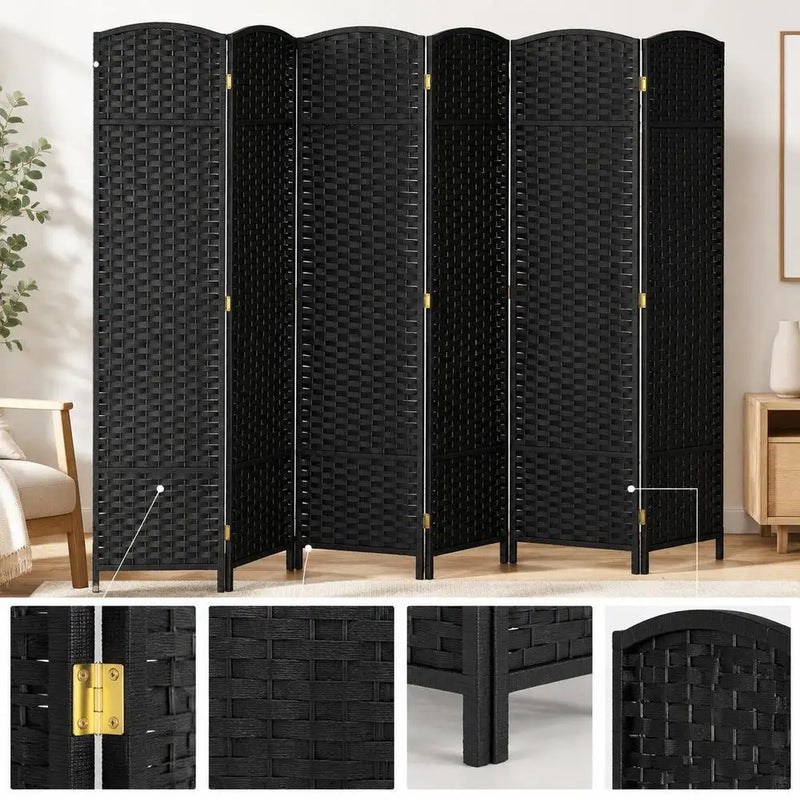 Paravent 6 Panneaux Tressé Polypropylène Noir Cadre Bois de Pin 240 x 170 cm