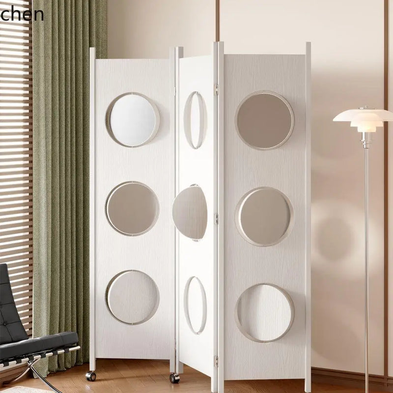 Paravent 3 Panneaux Disques Pivotants sur Roulettes Bois 129 x 185 cm