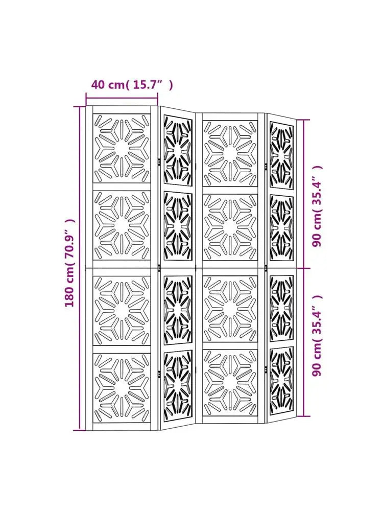 Paravent 4 Panneaux Bois de Paulownia Ajouré Noir Motif Géométrique 180 cm