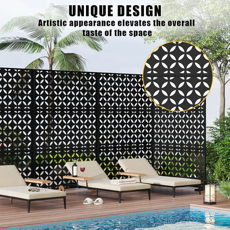 Paravent extérieur métal noir motif pétales, pour décorer un extérieur