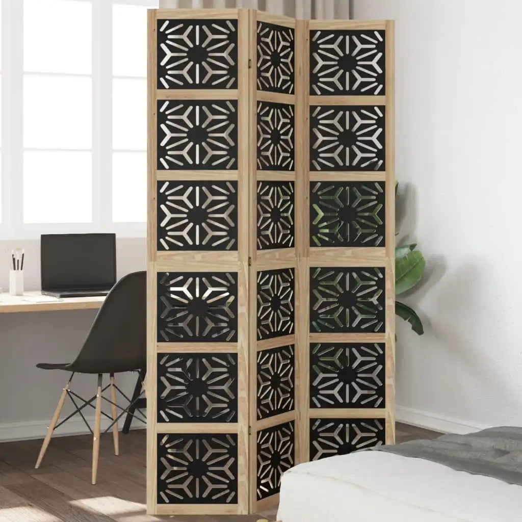 Paravent 3 panneaux bois ajouré noir et naturel motif géométrique