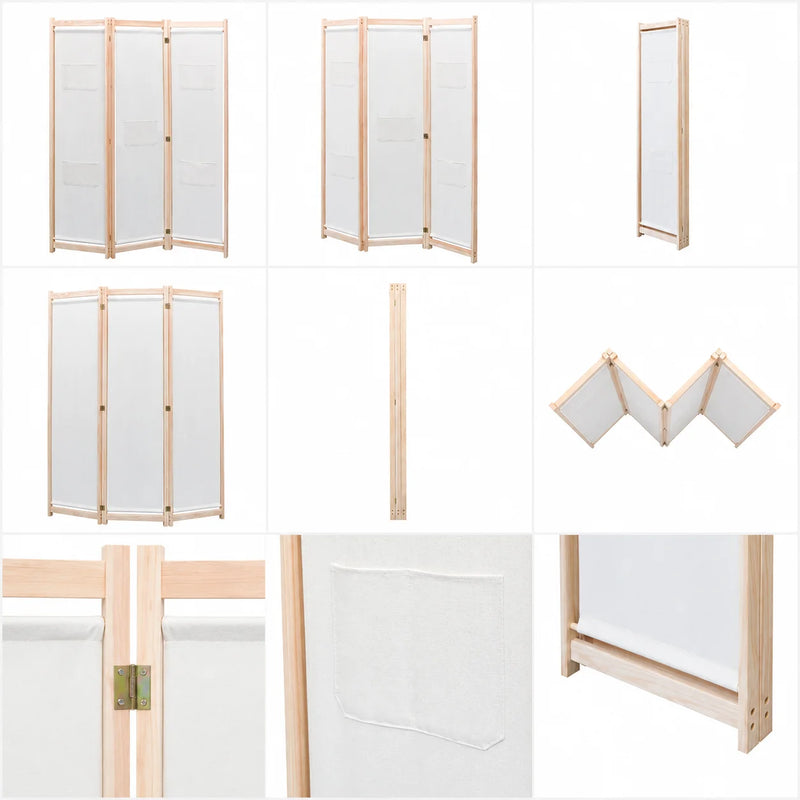 Paravent 3 Panneaux Bois et Tissu Crème 120 x 170 cm