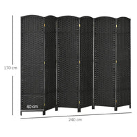 Paravent 6 Panneaux Tressé Polypropylène Noir Cadre Bois de Pin 240 x 170 cm