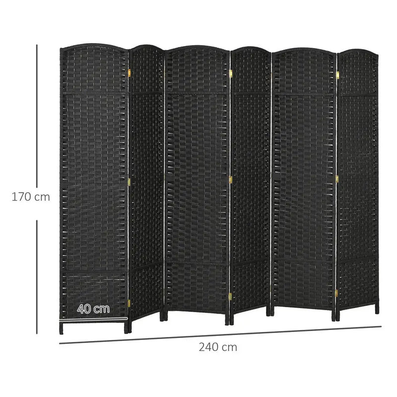 Paravent 6 Panneaux Tressé Polypropylène Noir Cadre Bois de Pin 240 x 170 cm