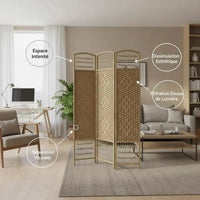 Paravent 3 panneaux fibres de papier tressées cadre bois naturel, pour une entrée