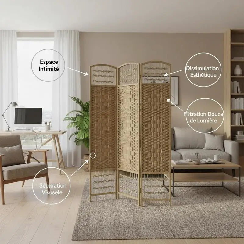 Paravent 3 panneaux fibres de papier tressées cadre bois naturel, pour une entrée