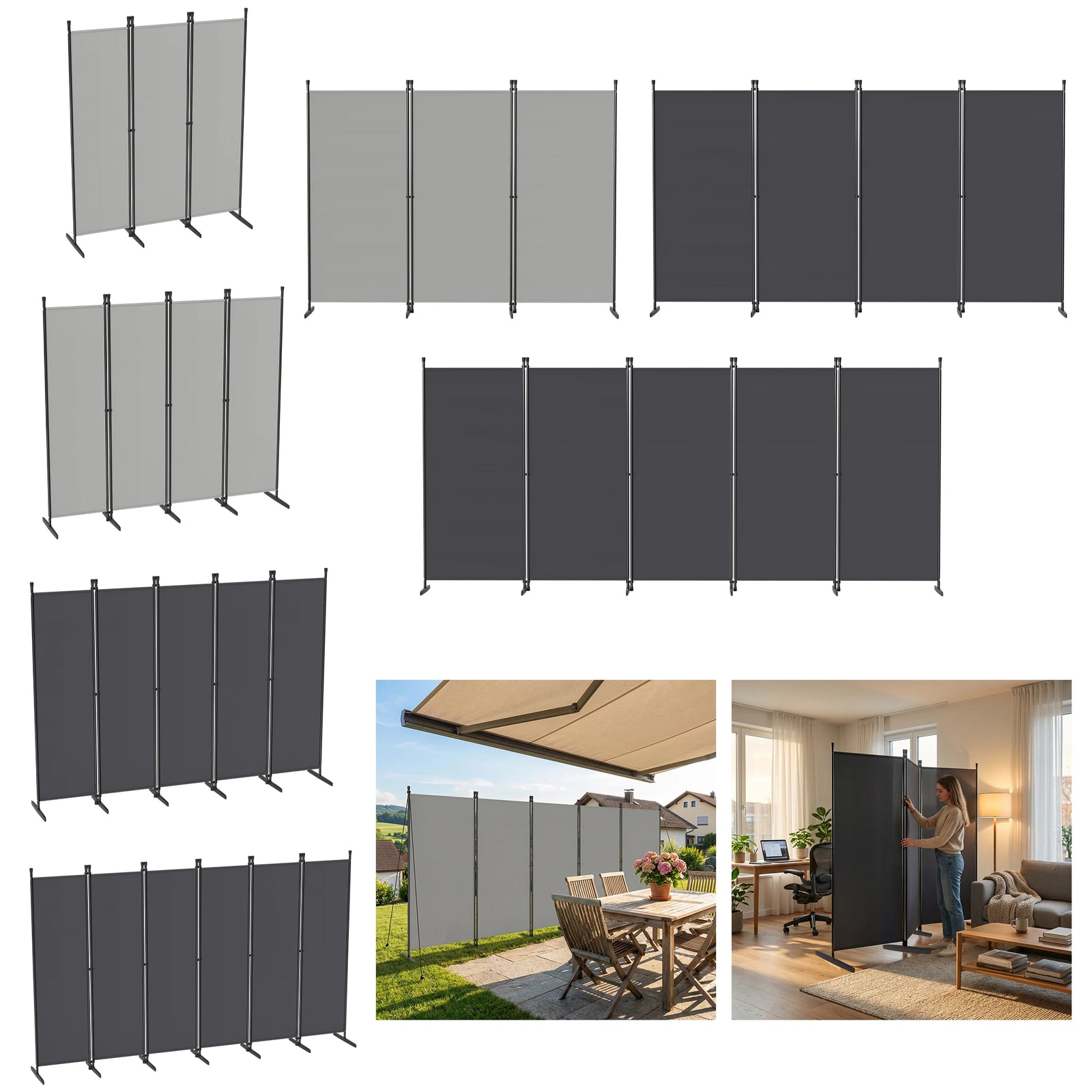 Paravent 3 à 6 panneaux tissu gris clair ou foncé