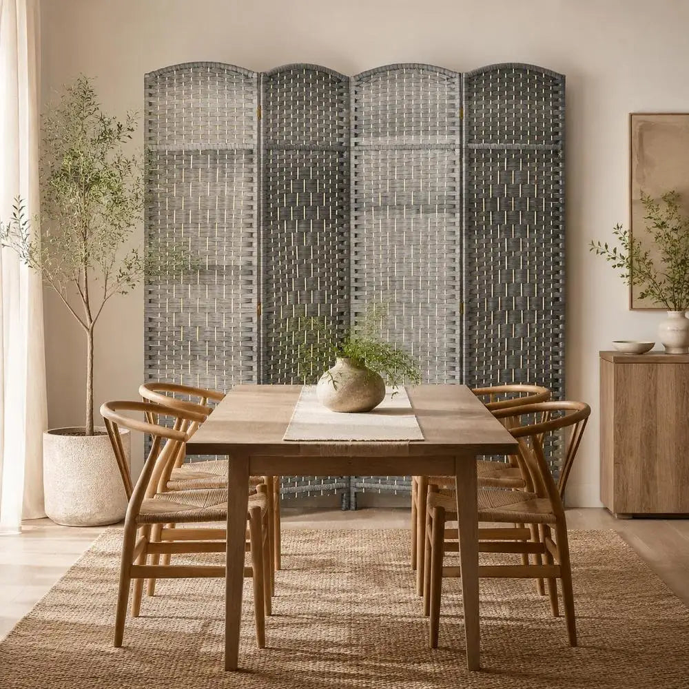 Paravent 4 Panneaux Tressé Gris Cadre Bois de Pin 180 x 180 cm