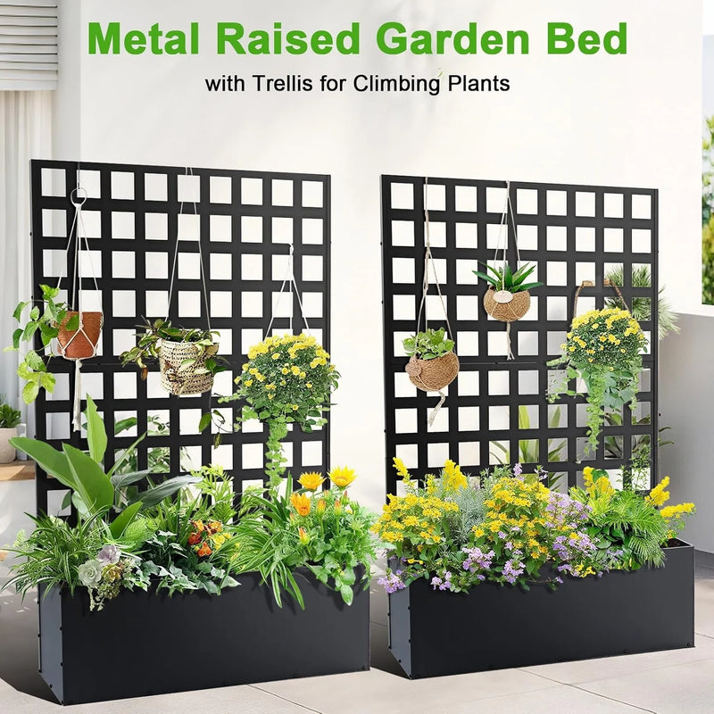Paravent extérieur métal grille carrée bac surélevé noir, pour une terrasse