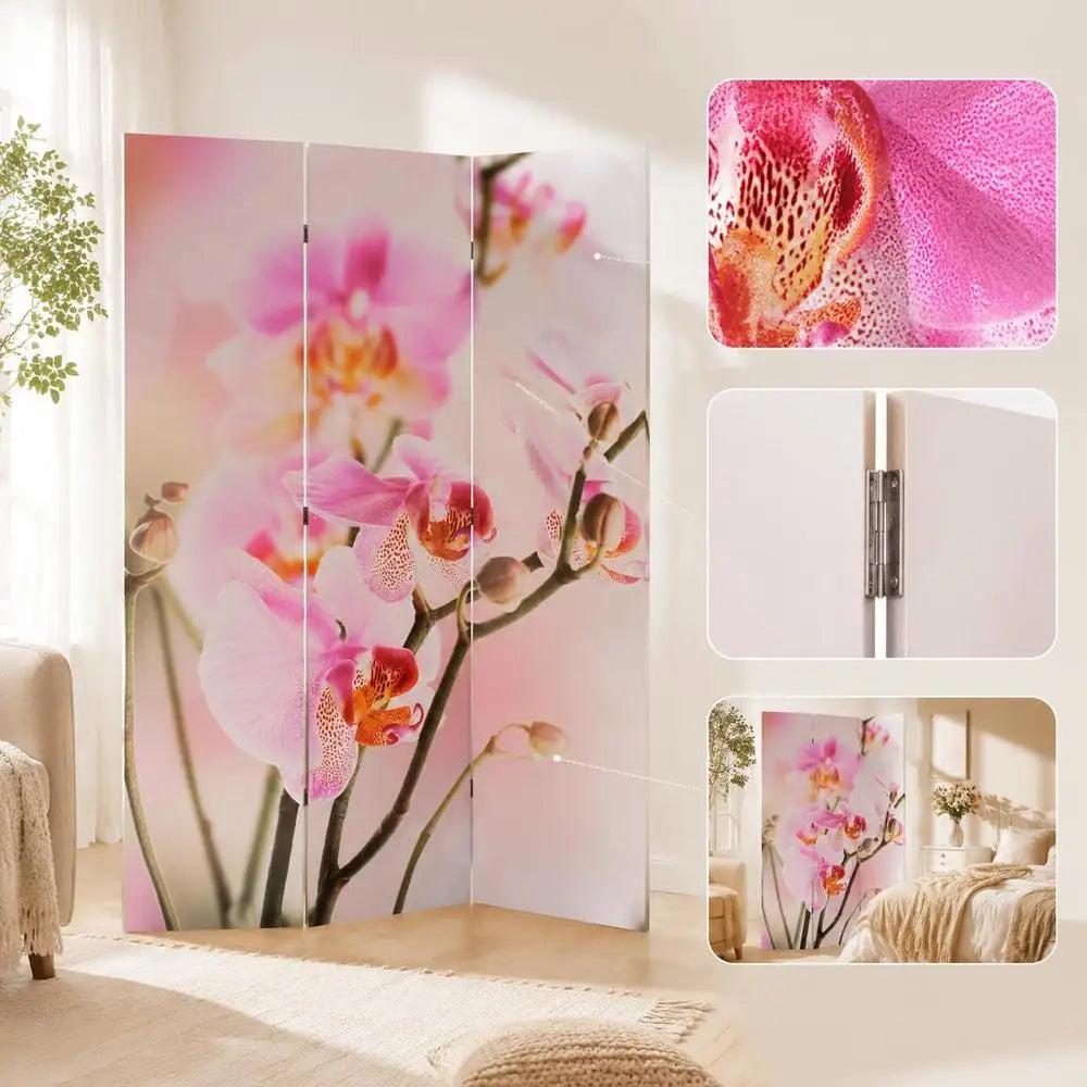 Paravent 3 Panneaux Imprimé Orchidée et Marguerite 120 x 170 cm
