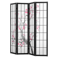 Paravent Japonais 4 Panneaux Fleurs de Cerisier Bois Noir 162 x 170 cm
