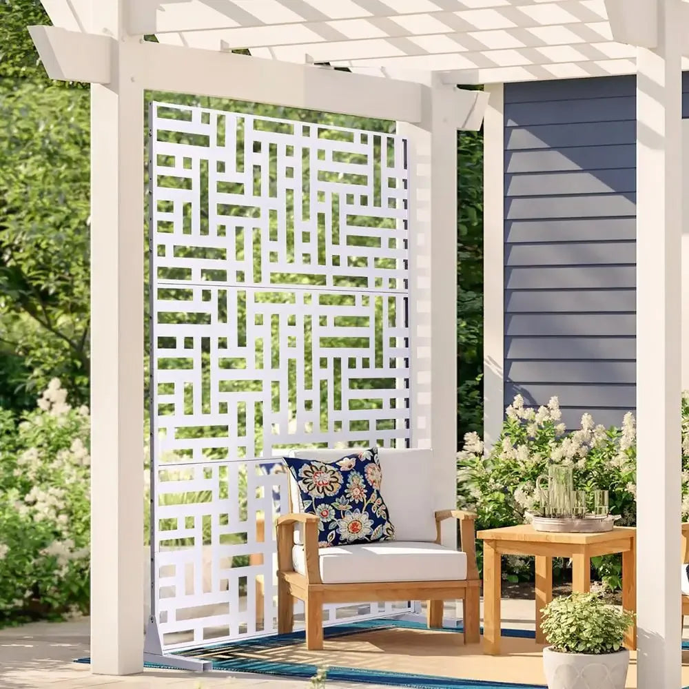 Paravent Extérieur Métal Blanc Motif Géométrique Autoportant 120 x 193 cm