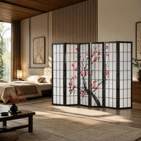 Paravent Japonais 6 Panneaux Fleurs de Cerisier Bois Noir 242 x 170 cm