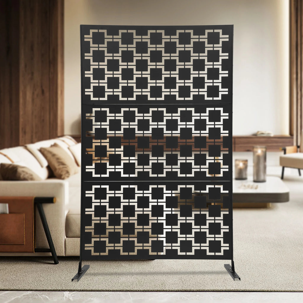 Paravent Extérieur Métal Noir Motif Carrés Imbriqués Autoportant 120 x 190 cm