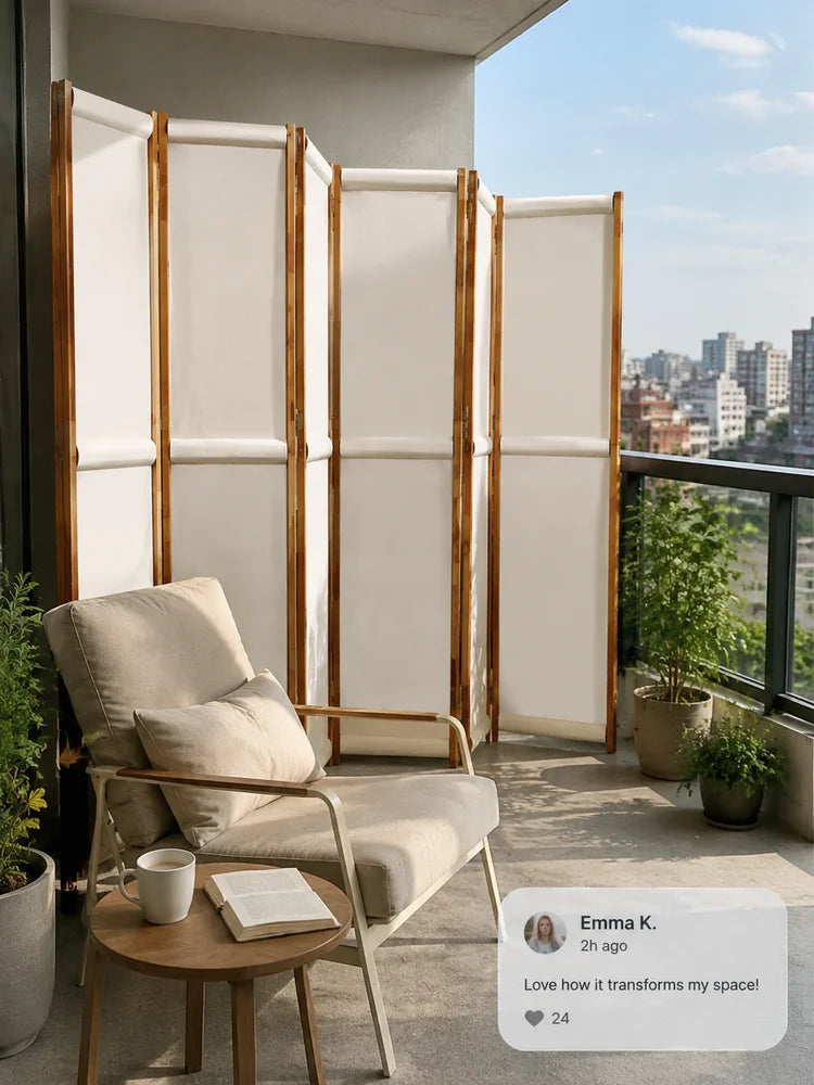 Paravent 6 panneaux acacia toile écru, pour aménager un coin dressing
