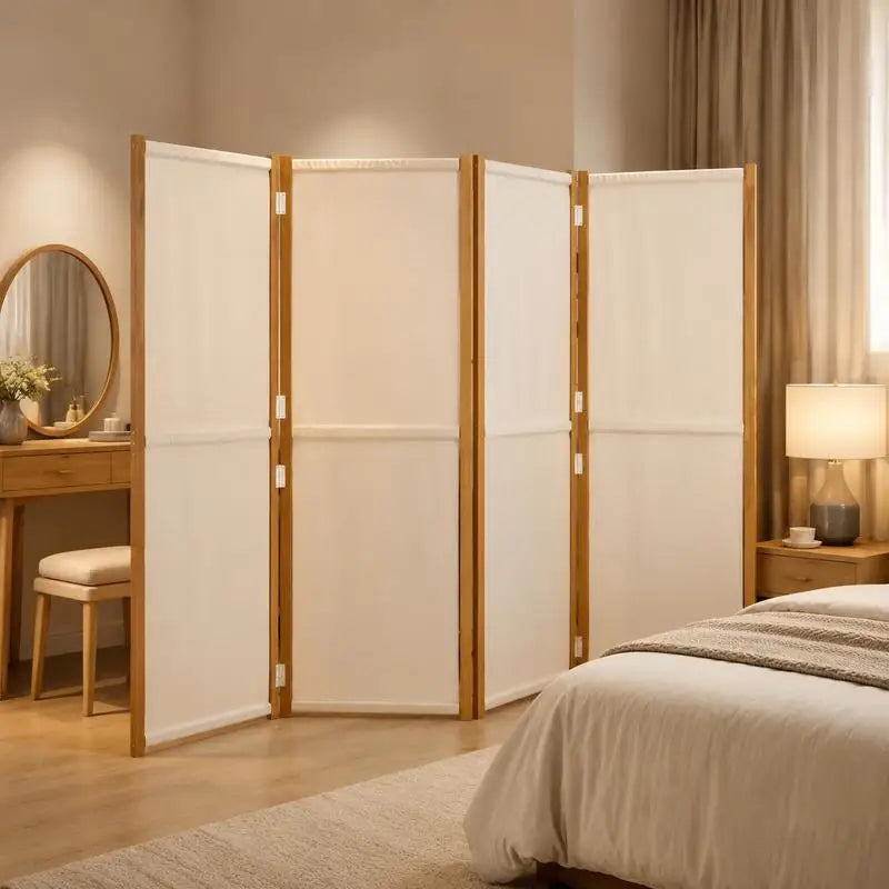 Paravent 4 Panneaux Bois d'Acacia Textilène Crème 280 x 180 cm