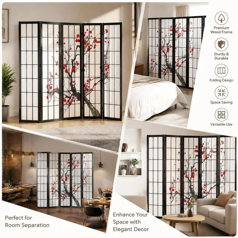 Paravent Japonais 6 Panneaux Fleurs de Cerisier Bois Noir 242 x 170 cm