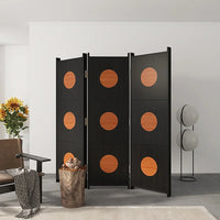Paravent 3 Panneaux Bois Noir Cercles Orangés 150 x 180 cm