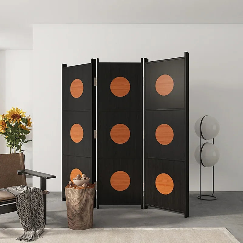 Paravent 3 Panneaux Bois Noir Cercles Orangés 150 x 180 cm