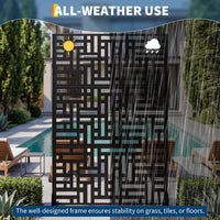 Paravent extérieur acier noir motif rectangles entrelacés autoportant, pour une terrasse