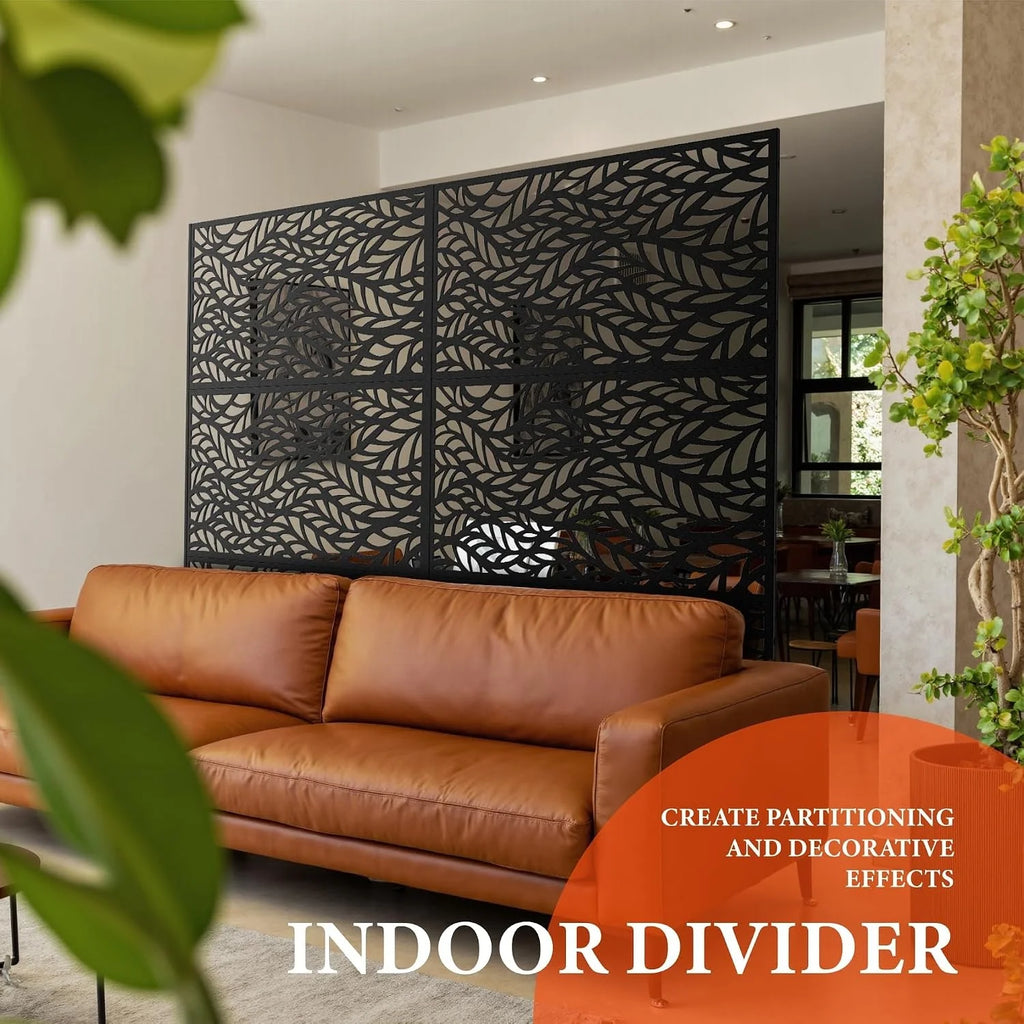 Paravent Extérieur Métal Noir Motif Feuilles Autoportant 119 x 183 cm