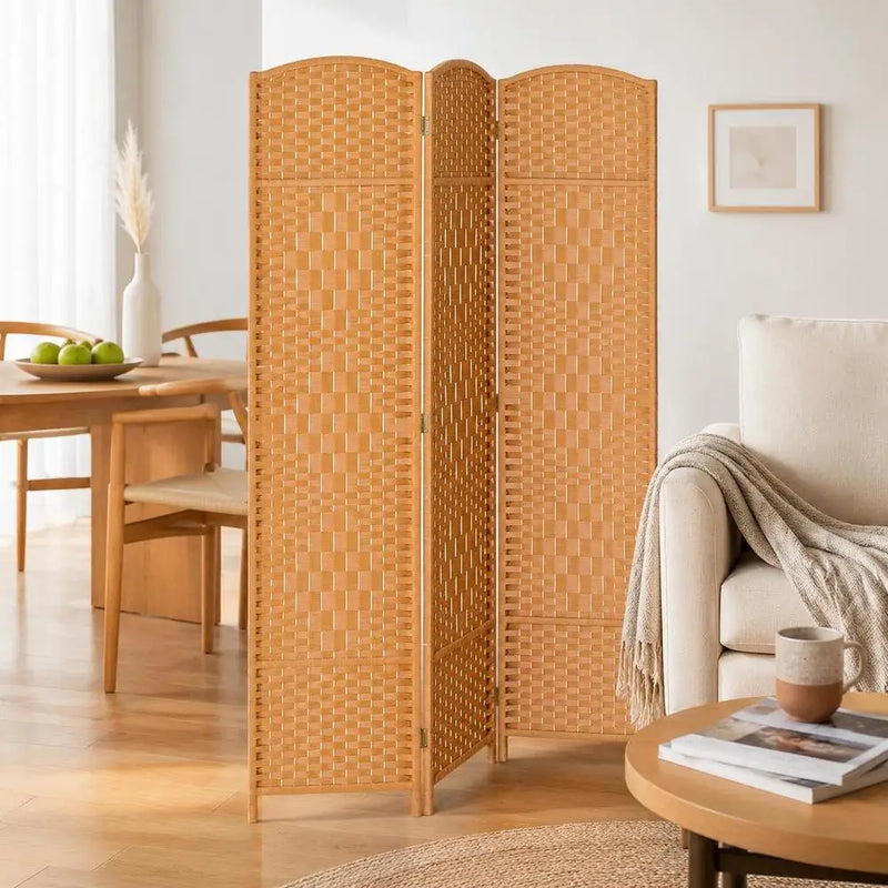 Paravent 3 Panneaux Tressé Cadre Bois de Pin Marron Clair 135 x 180 cm