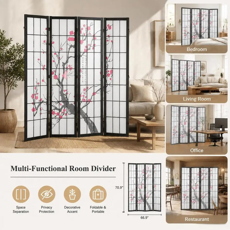 Paravent japonais fleurs de cerisier 4 panneaux cadre noir, pour une chambre