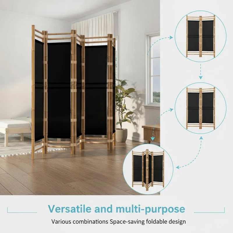 Paravent 5 Panneaux Bambou Toile Noire 200 x 180 cm