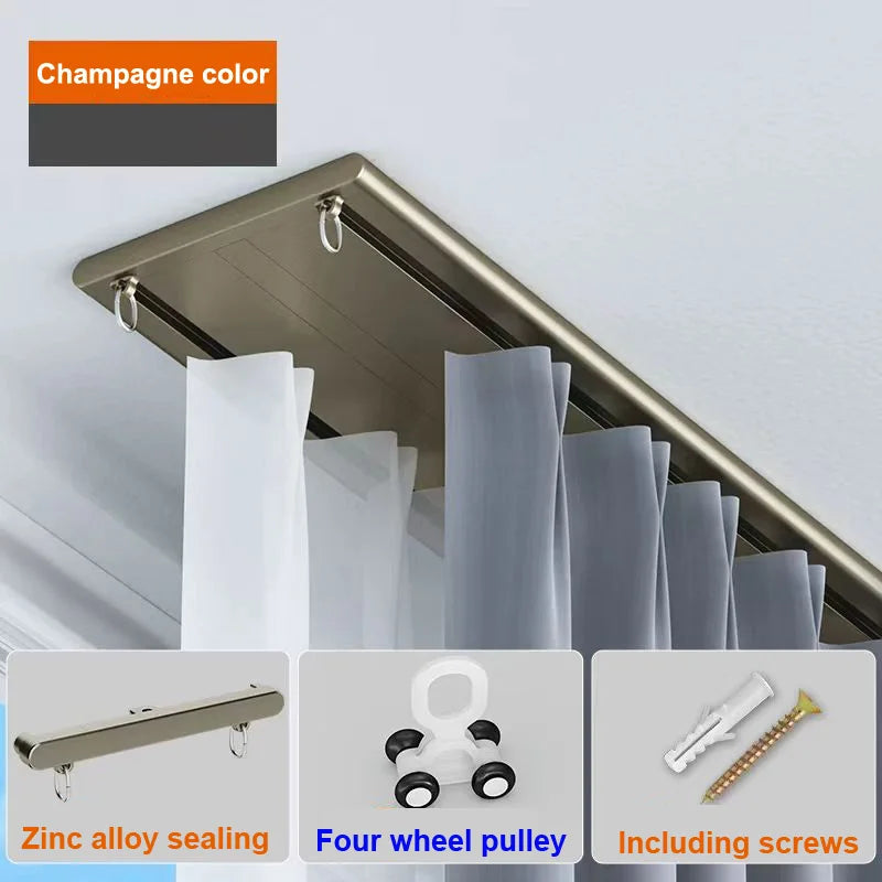 Rail plafond double voie ultra fin aluminium blanc ou champagne, coloris champagne, poulies à 4 roues