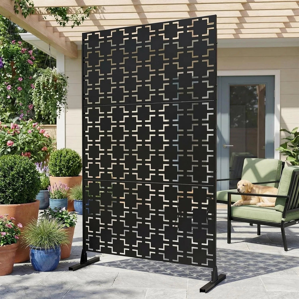 Paravent Extérieur Métal Noir Motif Géométrique Autoportant 122 x 198 cm