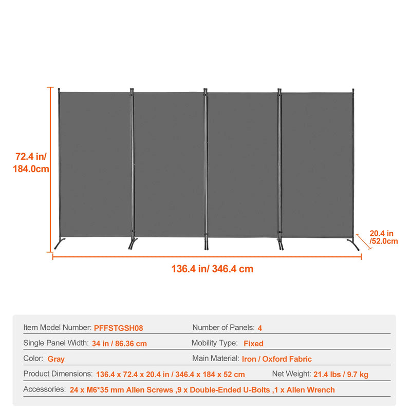 Paravent 3, 4 ou 6 panneaux Oxford noir gris beige, coloris gris, 4 panneaux, 346 x 184 cm