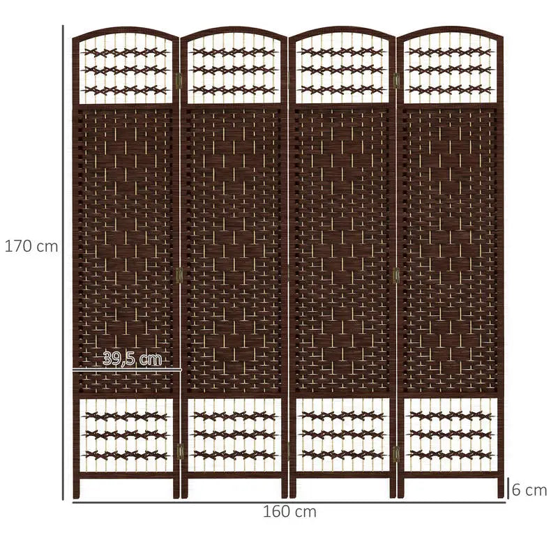 Paravent 4 panneaux fibres de papier tressées marron dessus arqué
