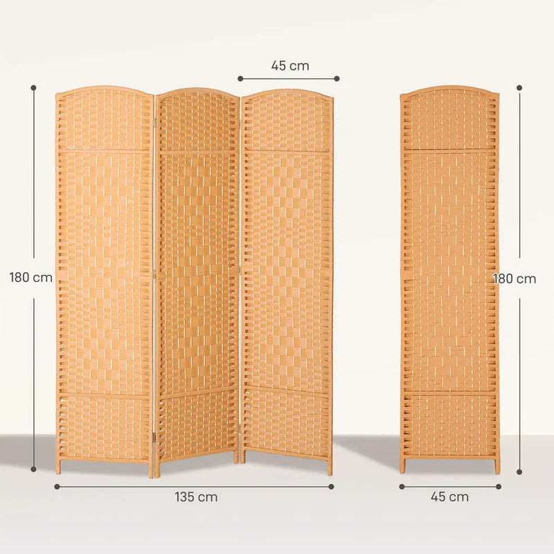 Paravent 3 Panneaux Tressé Cadre Bois de Pin Marron Clair 135 x 180 cm