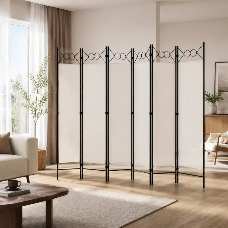 Paravent 6 Panneaux Tissu Blanc Cadre Fer Noir 240 x 180 cm