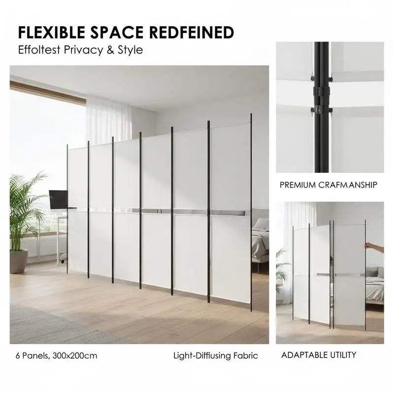 Paravent 6 Panneaux Tissu Blanc Cadre Noir 300 x 200 cm