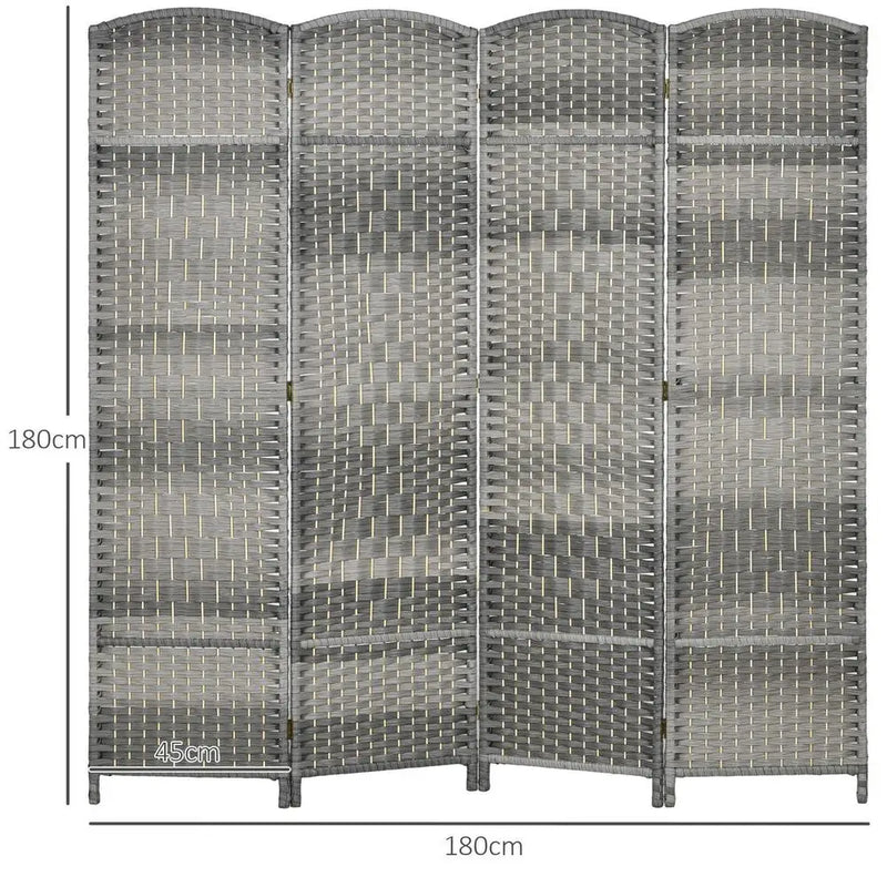 Paravent 4 Panneaux Tressé Gris Cadre Bois de Pin 180 x 180 cm