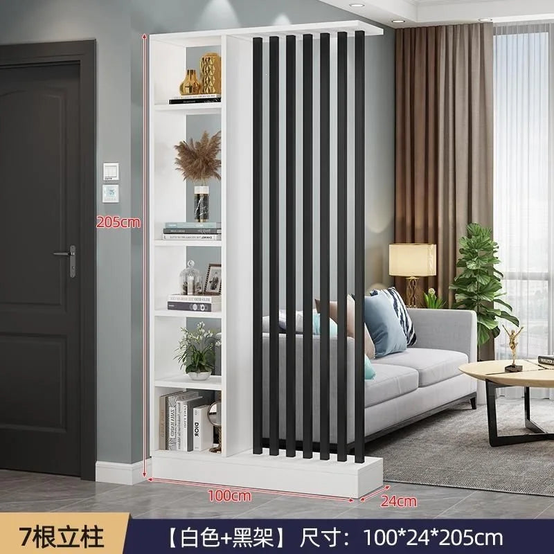 Étagère séparatrice de pièce à lames verticales blanc noir gris, dimensions structure blanche, 7 lames noires, largeur 100 cm