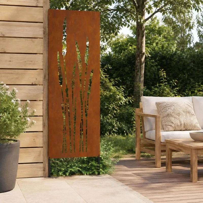 Paravent extérieur acier brun rouille motif herbes, pour un jardin
