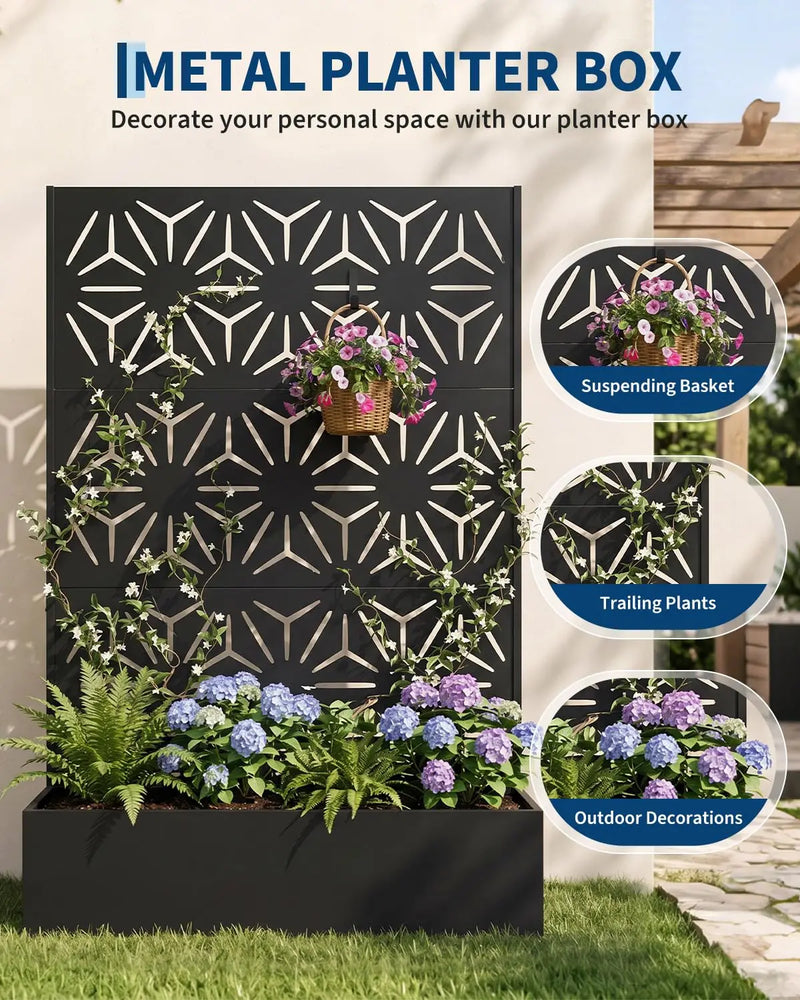 Paravent extérieur jardinière acier noir 4 motifs ajourés, pour un balcon