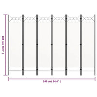 Paravent 6 Panneaux Tissu Blanc Cadre Fer Noir 240 x 180 cm
