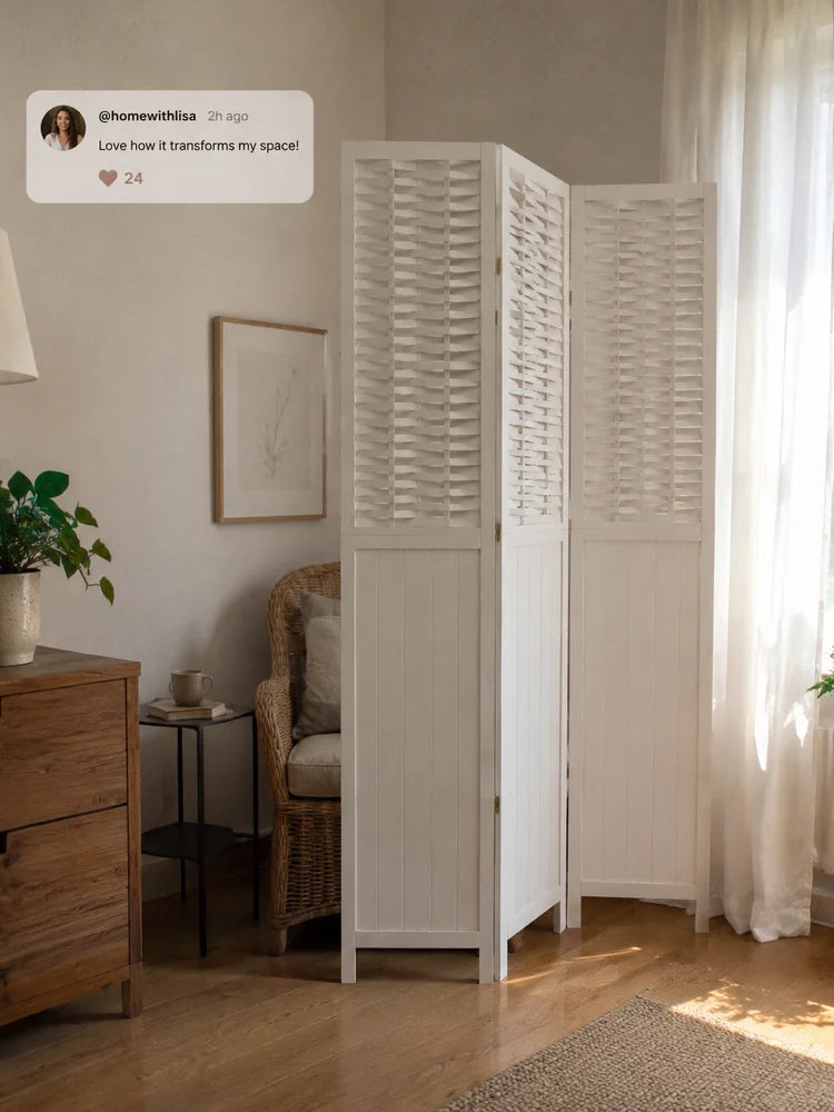 Paravent 3 panneaux bois de paulownia blanc autoportant, pour séparer une pièce, pour un salon