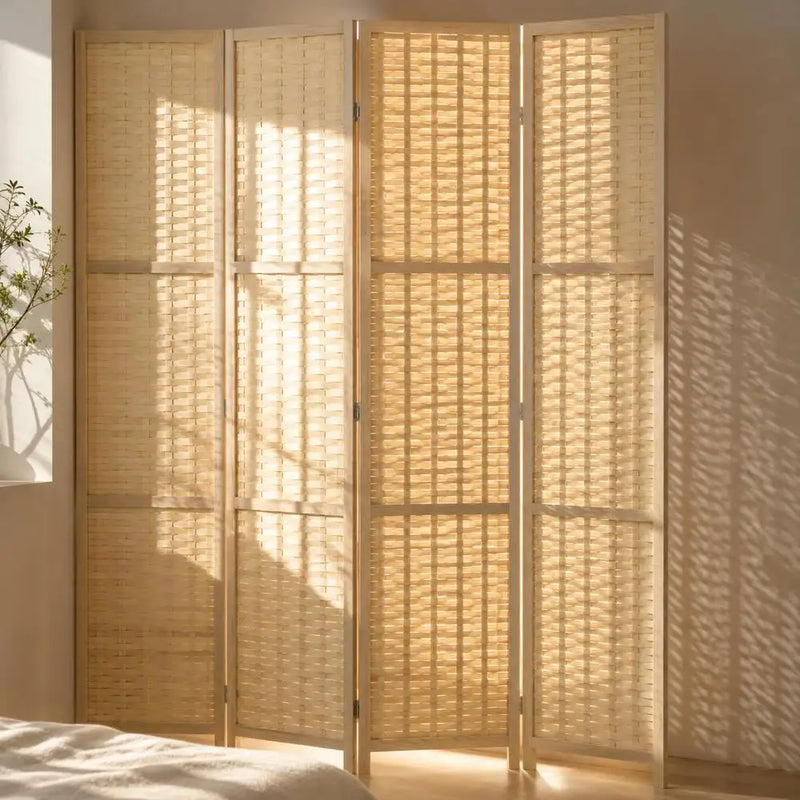 Paravent 4 Panneaux Bambou Tressé Cadre Bois Naturel 158 x 169,5 cm